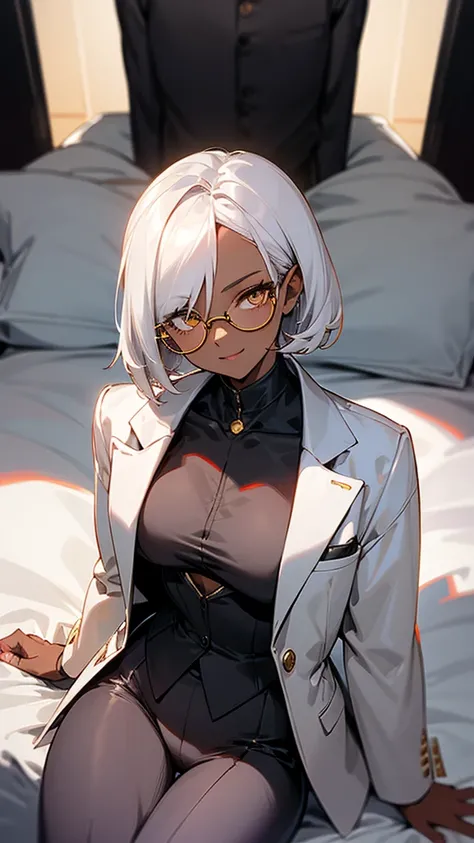 1 Female, adult, dark skinned women, long white short hair, hair over the ears, golden eyes, glasses, black business suit, black tailored jacket, white shirt, black pantsuit, off shoulder, malicious smile, sharp eye, (collarbone), sitting, on bed,