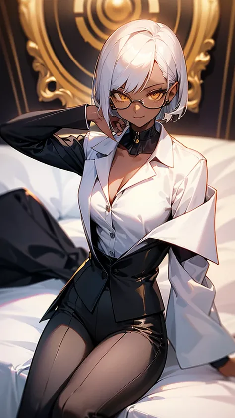 1 Female, adult, dark skinned women, long white short hair, hair over the ears, golden eyes, glasses, black business suit, black tailored jacket, white shirt, black pantsuit, off shoulder, malicious smile, sharp eye, (collarbone), sitting, on bed,