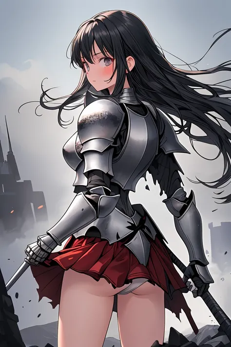 female knight　Black Hair　Long Hair　armor　Torn Skirt　White underwear　battlefield