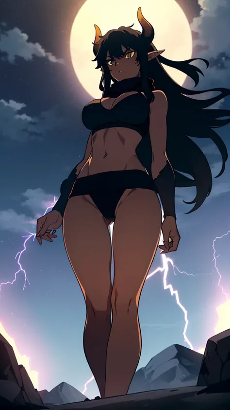 ((1girl,solo,mature female,tall)),big breasts,long hair, black hair,angry expression,horns,elf ears,black scarf,cleavage,(((dark skin))),((black sports bra, midriff)),(((black pantyhoses))),(walking,night sky,night,thunder,lightnings,thunder clouds,montain...