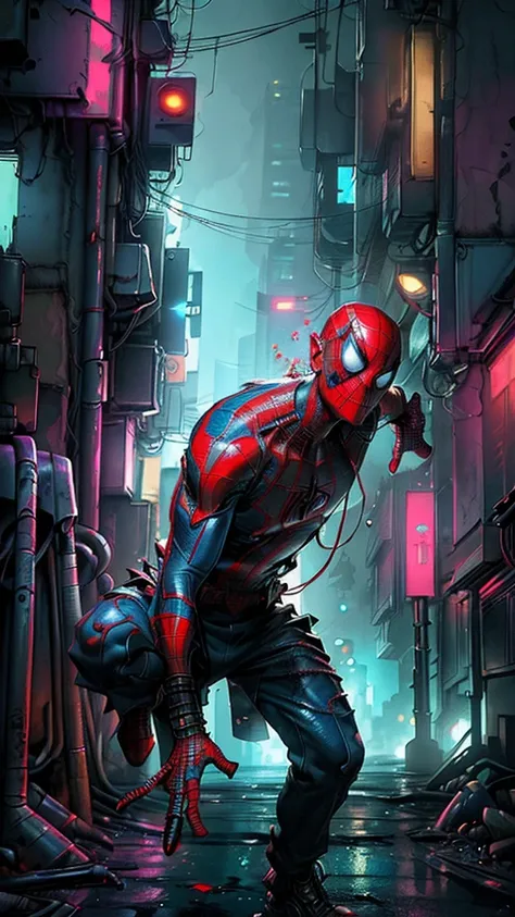 Spiderman as a zombie,(top-quality、8K、32K、masterpiece、nffsw:1.3)、(The ultra -The high-definition)、(Photorealsitic:1.4)、Raw photography,Perfect eyes,Charming perfect figure,actionpose:1.2,Detailed cyberpunk fashion、World of Cyberpunk,depth of fields,blurry ...