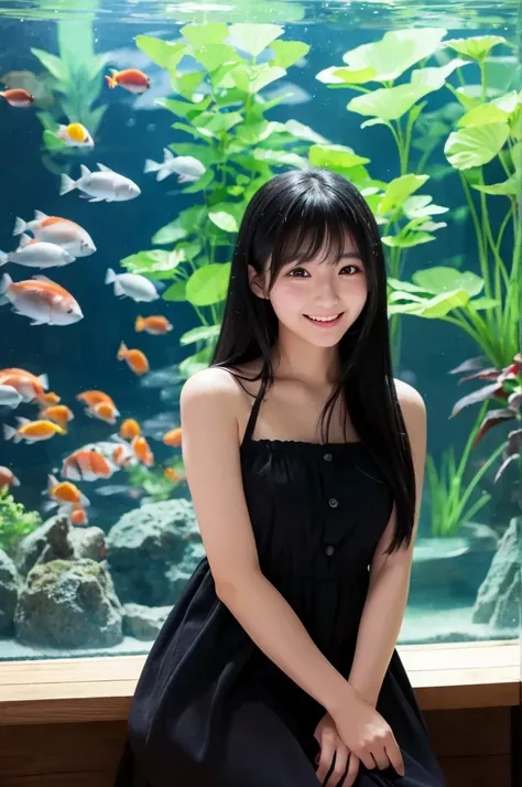 A Japanese girl in her 20s with long black hair、She is wearing a cute white dress that shows off her shoulders.、In the city、Looking at me and smiling、