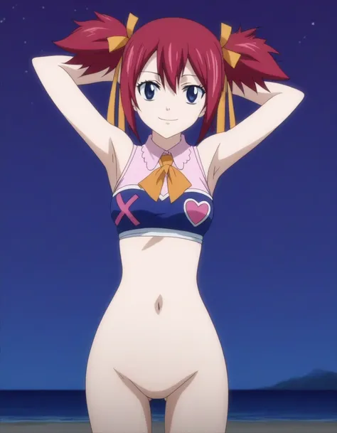 chelia_blendy, source_anime, rating_safe, intricate details, anime screencap, anime coloring, 1girl, solo,  red hair, blue eyes, ribbon, hair ribbon, twintails, short twintails, looking at viewer, solo, contrapposto, spread armpit, arms behind head, smile,...