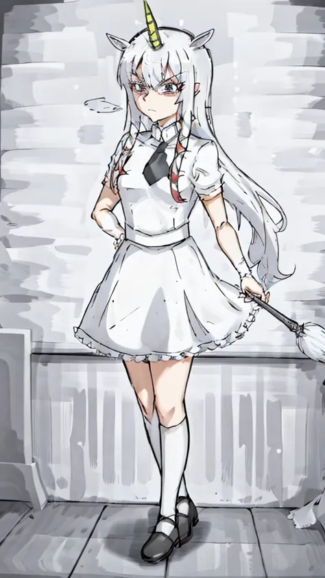 1girl ,20s,angry face,white shirt,short sleeves,(black standard tie),white school skirt,(red hair),long hair,unicorn horn