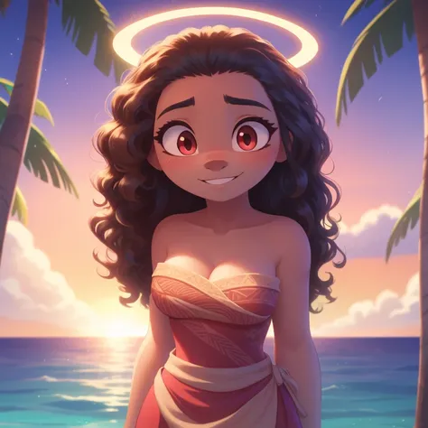 Moana, strapless tight dress, cleavage, curly hair, halo, sunglasses, jewelry, red eyes, longeyelashes, red eyes, smile, shy, blush, high detail, masterpiece, UHD, anatomically correct, super detail, highres, 4K