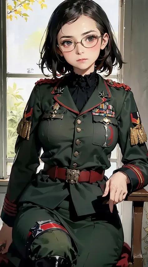 (8k, RAW photo, best quality, masterpiece:1.2),    RanmaChan, RanmaRedShirt, red panty, turn back, show her butt　　((super intricate all details)),((super realistic all textures)),Overall photo of a female soldier sitting on a piece of fictional WWII Japane...