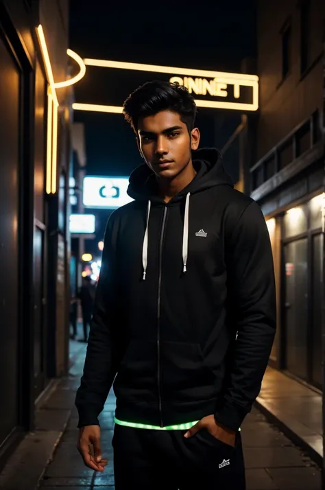 An Indian youth, his face fully revealed, stands confidently amidst the cybernetic cityscape. Adorned in a white and black hoodie, he exudes a sense of urban style and intrigue. Soft orange and green lights gently illuminate the scene, accentuating his fea...