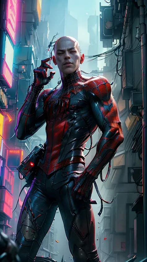 Spiderman as a zombie,(top-quality、8K、32K、masterpiece、nffsw:1.3)、(The ultra -The high-definition)、(Photorealsitic:1.4)、Raw photography,Perfect eyes,Charming perfect figure,actionpose:1.2,Detailed cyberpunk fashion、World of Cyberpunk,depth of fields,blurry ...