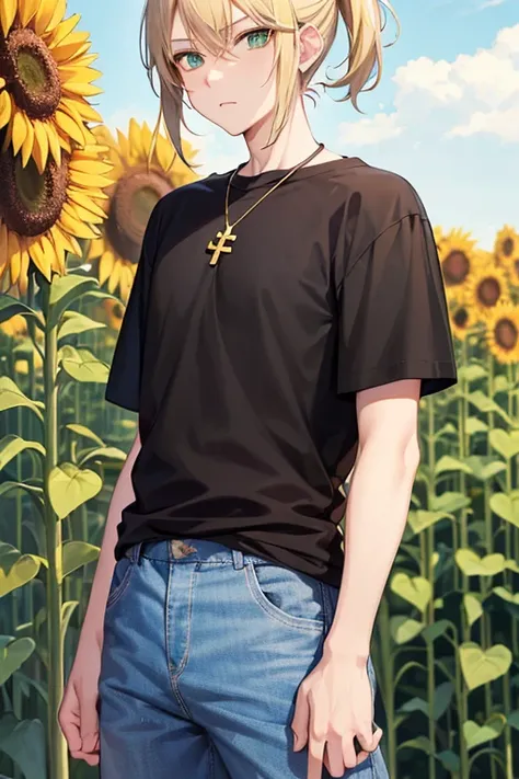 Anime boy, neutral expression, with blonde hair tied up in short ponytail, green eyes, black T-shirt, blue jeans, gold cross necklace, standing in a tall sunflower field