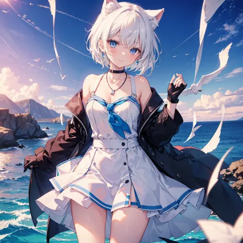 White Hair　blue eyes　short hair　Have　student　Cat ear　nice　Blue Earrings　necklace　gloves　beauty　thin　Sailor suit　Put on a black coat　Fantasy　smile　coastal　sunset　Fluffy hair