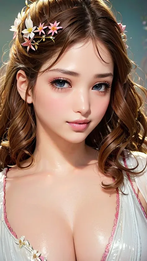 beauty, mystical eyes、big 、super sexy、pale skin、shiny hair、super long hair、loose and fluffy perm、close to blonde、are fat、fat、smi...