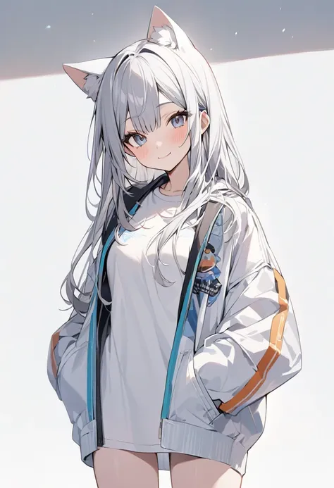 (masterpiece)), ((Very detailed)), (andてもアクティブでクール), woman, alone, Cute attitude,((Jacket)),womanはandても(smile)and(Cat ear)exterior， Gray Hair，background(Pure white wall)，Long Hair、ゲーマー見たいなexterior，The clothes are see-through、Place one&#39;In one hand&#39;p...