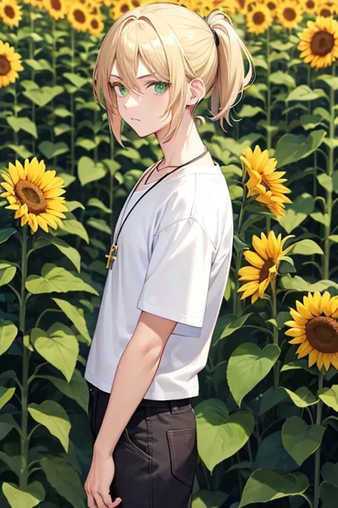 Anime boy, neutral expression, with blonde hair tied up in short ponytail, green eyes, black T-shirt, blue jeans, gold cross necklace, standing in a tall sunflower field