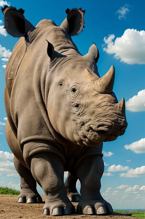 Rhino reading, sitting in the world, sky background, with school accessories.