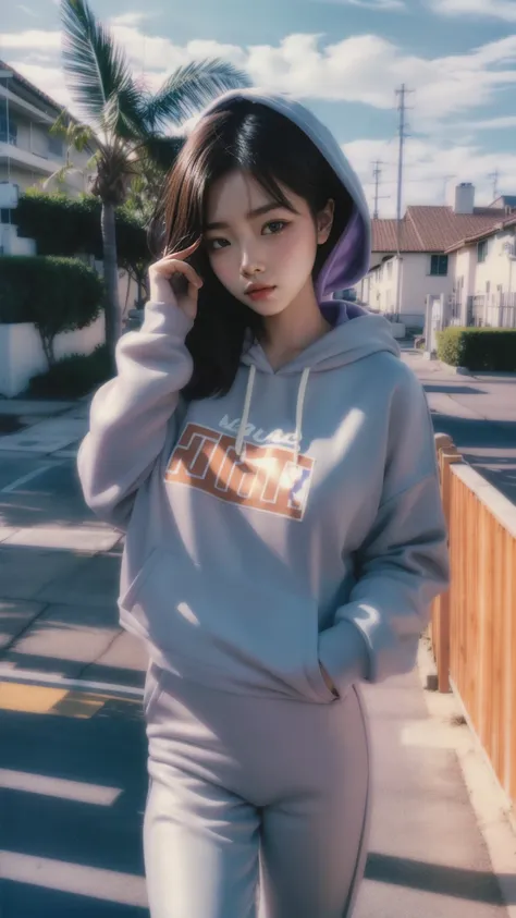 8K, 1girl, UHD,beautiful, black bob hairstlye, ((orange oversize hoodie)), oversize_shirt, sweatpants, Evening light,，Taking a walk，purple slacks, look at viewer, (((80s architecture colorful motel))) ,perfect beautiful face,perfect nose,perfect eyes, perf...