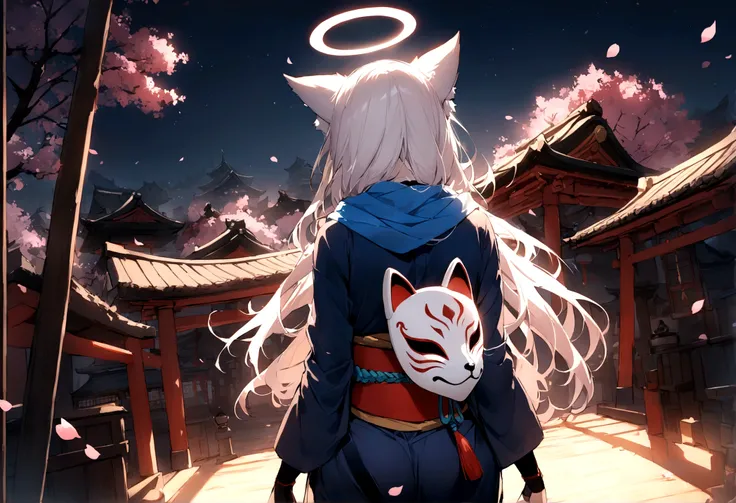 back view、halo、shrine、(masterpiece, best quality:1.2), 1girl, 独奏,wolf girl, fox mask, ninja, girl, long white hair, odd eyes, bl...