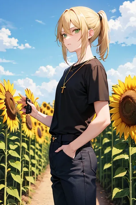 Anime boy, neutral expression, with blonde hair tied up in short ponytail, green eyes, black T-shirt, blue jeans, gold cross necklace, standing in a tall sunflower field, holding sunflower in hands