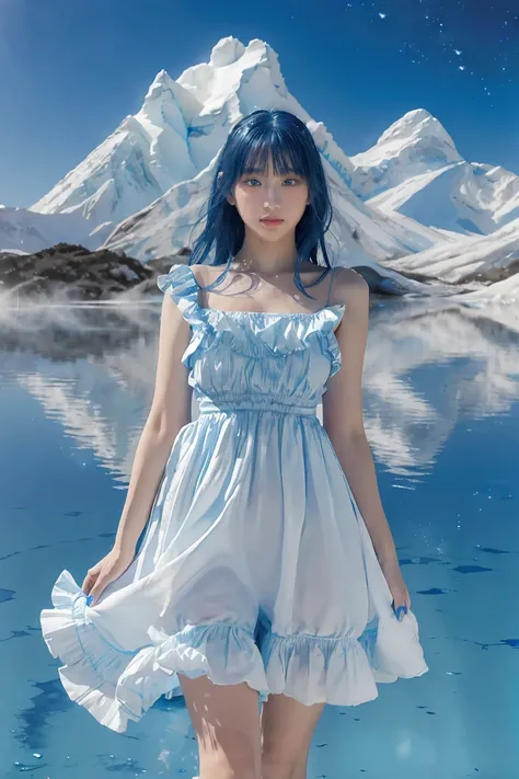 absurdres, highres, (official art, beautiful and aesthetic:1.2), (near vision:1.15), (1girl, blue hair, medium hair, blue eyes, bright eyes, long white dress, blue ruffle,:1.2) blue sky, Shimmering Galaxy, (Salar de Uyuni:1.2), (fractal art:0.8), water eff...