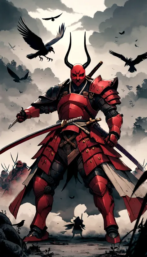 Sengoku period、Metal、Humanoid、Sword fighting pose、Samurai、Demon Mask、Sword in right hand、 robot、Full Body Shot、fog、chaos、Crow、insect、battlefield.