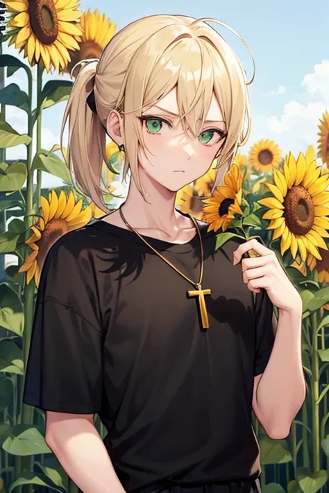 Anime boy, neutral expression, with blonde hair tied up in short ponytail, green eyes, black T-shirt, blue jeans, gold cross necklace, standing in a tall sunflower field, holding sunflower in hands