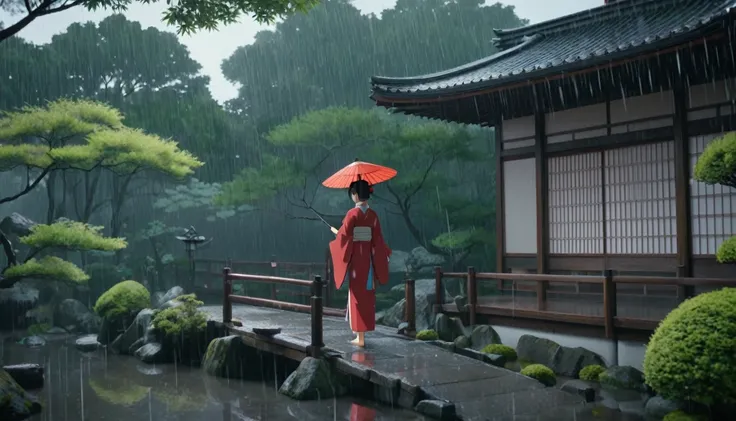 score_9, score_8_up, score_7_up, source_anime, detailed, 8k, cinematic angle, rating safe, wide shot, A woman in kimono holding an umbrella stands in a Japanese garden in the rain. 