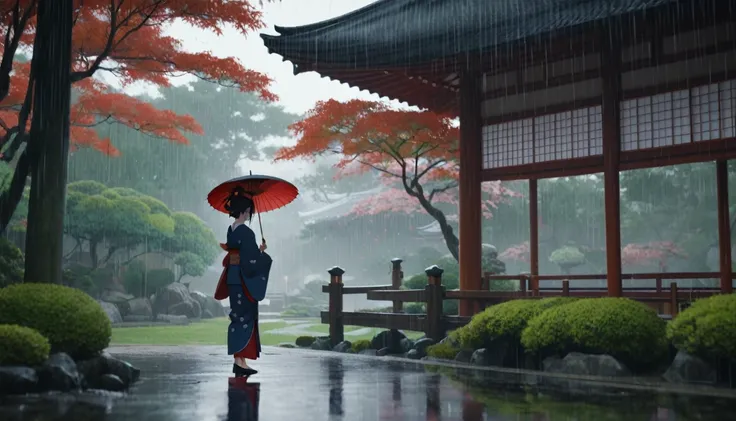 score_9, score_8_up, score_7_up, source_anime, detailed, 8k, cinematic angle, rating safe, wide shot, A woman in kimono holding an umbrella stands in a Japanese garden in the rain. 