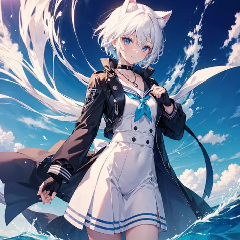 White Hair　blue eyes　short hair　Have　student　Cat ear　nice　Blue Earrings　necklace　gloves　beauty　thin　Sailor suit　Put on a black coat　Fantasy　smile　coastal　sunset　Fluffy hair