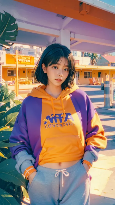 8K, 1girl, UHD,beautiful, black bob hairstlye, ((orange oversize hoodie)), oversize_shirt, sweatpants, Evening light,，Taking a walk，purple slacks, look at viewer, (((80s architecture colorful motel))) ,perfect beautiful face,perfect nose,perfect eyes, perf...