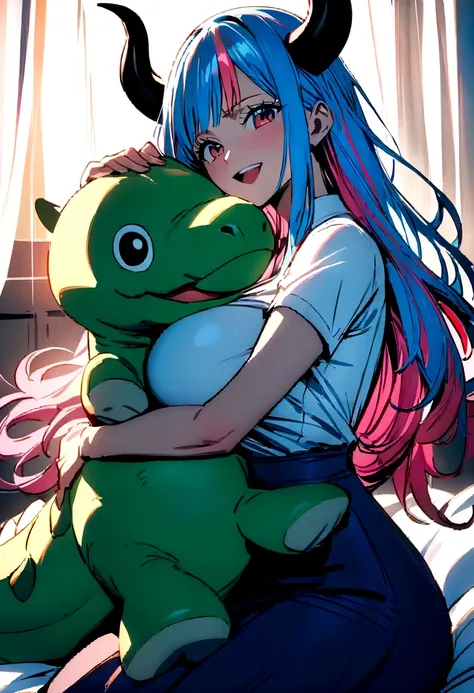 (masterpiece, Highest quality:1.4),Cinematic Light,colorful,High Contrast,(One girl),Alti OP,One Piece Anime,((Large Breasts)),Multicolored Hair,Long Hair,Blue Hair,Pink Hair,bangs,horn,Blue Skirt,High Waist Skirt,White shirt,Happy,[[Hug a stuffed dinosaur...