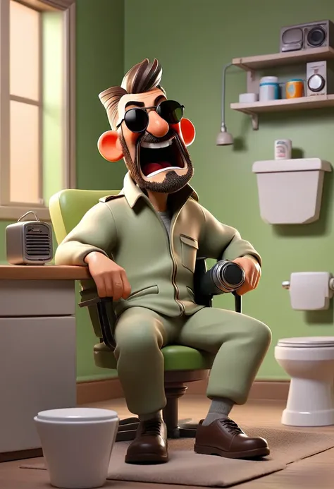 A padded insane asylum cell with radio equipment, computer, microphone on the table and a mug of coffee and a bottle of beer. a crazy man with a goatee and topknot in a straitjacket and aviator-style sunglasses, giggling, a toilet at the bottom. 3d cartoon...