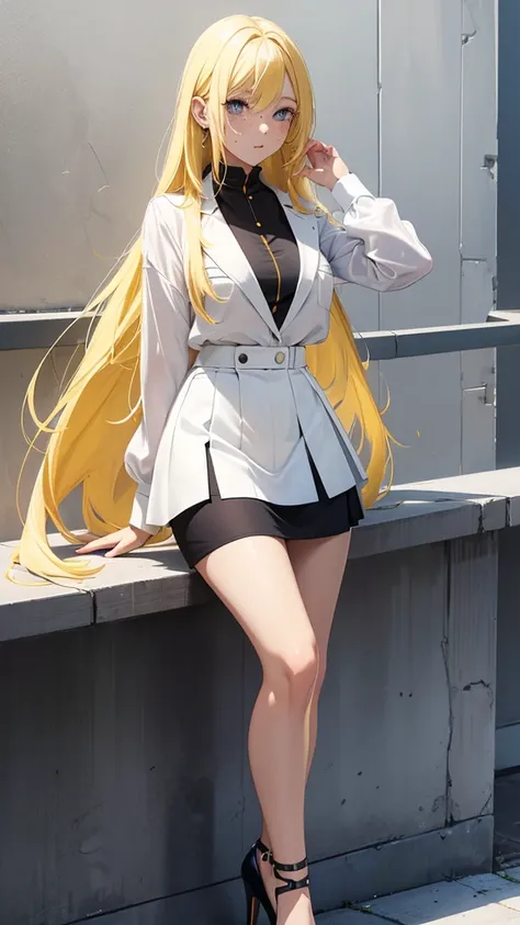 Beautiful woman, yellow hair, long hair, black eyes, freckles on face, white shirt, black edges shirt, blue miniskirt, white edges miniskirt, high heels, two-tone high heels, two-tone edged miniskirt