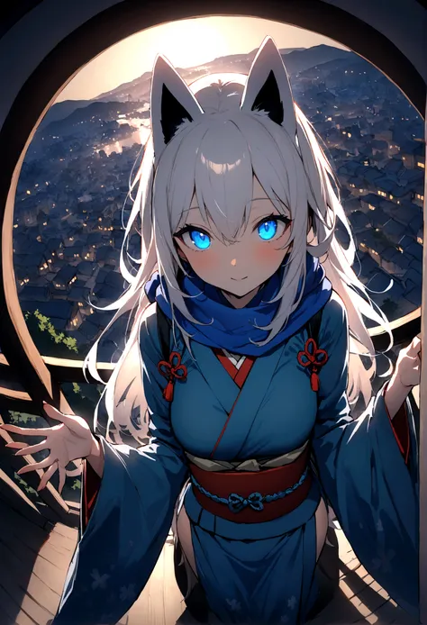 A magnificent view of the city from the treetops、(masterpiece, best quality:1.2), 1girl, 独奏,Wolf girl, fox mask, ninja, girl, long white hair, odd eyes, blue kimono, ninja girl, red and blue scarf,Dancing Cherry Blossoms,Full moon backlighting, light comin...