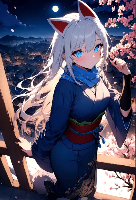 A magnificent view of the city from the treetops、(masterpiece, best quality:1.2), 1girl, 独奏,Wolf girl, fox mask, ninja, girl, long white hair, odd eyes, blue kimono, ninja girl, red and blue scarf,Dancing Cherry Blossoms,Full moon backlighting, light comin...