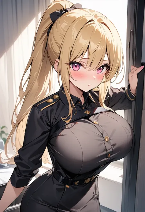 masterpiece、Highest quality、Best image quality、High resolution、Big Breasts、Blonde、Pink Eyes、ponytail、Black Uniform、Unbranded uniform