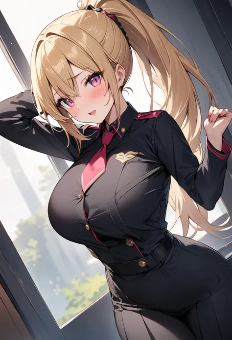 masterpiece、Highest quality、Best image quality、High resolution、Big Breasts、Blonde、Pink Eyes、ponytail、Black Uniform、Unbranded uniform