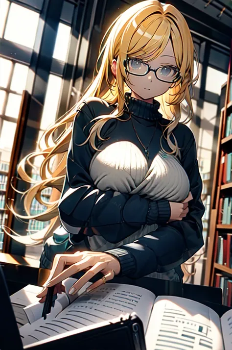 (masterpiece),(best quality), glasses, chakumomi, pov hand, breast grip,sweater, in the library,