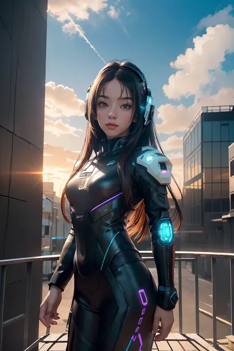 ((masterpiece, best quality, extremely detailed), volumetric lighting, ambient occlusion, colorful, glowing), 
1girl, solo, young girl, (dark hair), long hair, halo, aura, sacred, godness, cyber suit, (black outfit:1.3), android, bot, cybernetic wings,
out...