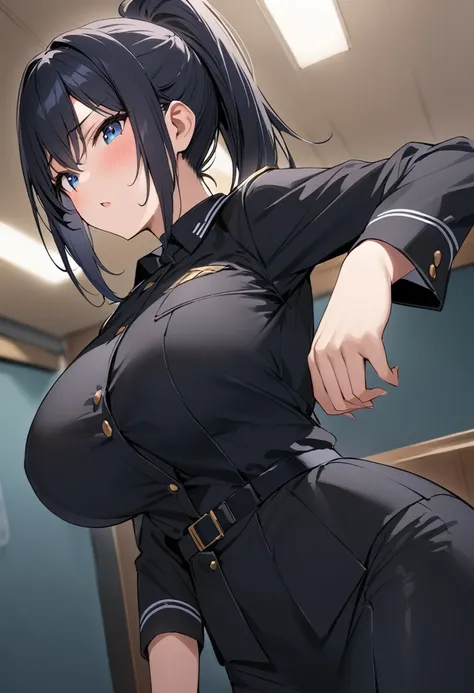 masterpiece、Highest quality、Best image quality、High resolution、Big Breasts、Black Hair、Blue Eyes、ponytail、Black Uniform、Unbranded uniform