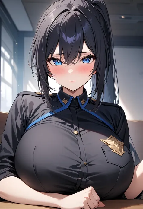 masterpiece、Highest quality、Best image quality、High resolution、Big Breasts、Black Hair、Blue Eyes、ponytail、Black Uniform、Unbranded uniform