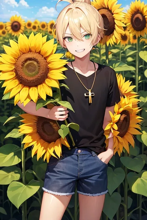 Anime boy, teeth bared smiling expression, with blonde hair tied up in short ponytail, green eyes, black T-shirt, blue jeans, gold cross necklace, standing in a tall sunflower field, holding sunflower in hands