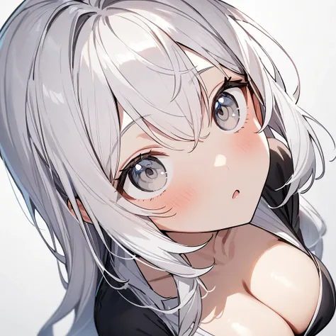 1girl,looking up,pov,From above,long hair,White hair,grey eyes,shiny hair,breasts,masterpiece, best quality, very aesthetic, absurdres,upper body,