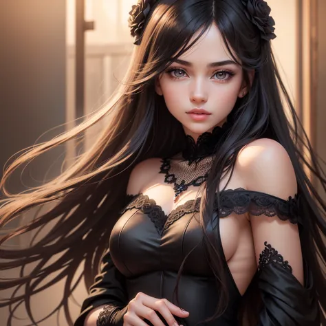 photorealistic, lip gloss, realistic, best quality, ultra high resolution, depth, pastel color, natural shading, focus on the face, just the face, looking at the viewer, long hair, black hair, brown and well-detailed eyes, black dress, gloves, anatomically...