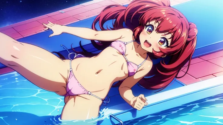 Masterpiece, Best Quality, extremely detailed, cheered up, girl,night pool,high waist bikini,SMILE,:d,action,(small breasts),ass focus nsfw, perfect, anatomy,