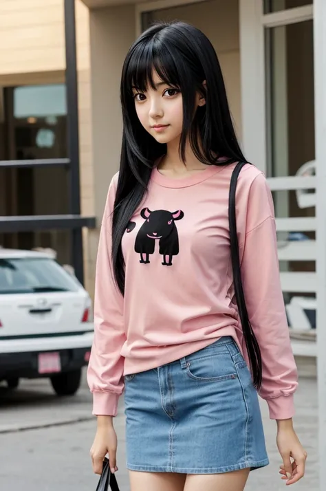 Anime girl with straight skinny black hair, pink cow clothes a little attractive 