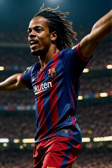 "Ronaldinho, in his classic FC Barcelona uniform, is in the center of a soccer field illuminated by intense lights. With an expression of determination and joy on his face, performs a masterful dribble with his characteristic ball control. In front of him,...