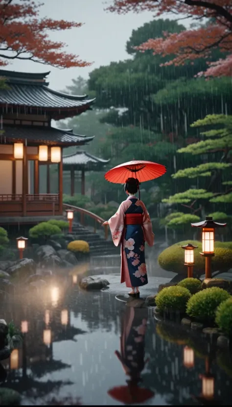 score_9, score_8_up, score_7_up, source_anime, detailed, 8k, cinematic angle, rating safe, wide shot, A woman in kimono holding an umbrella stands in a Japanese garden in the rain. 