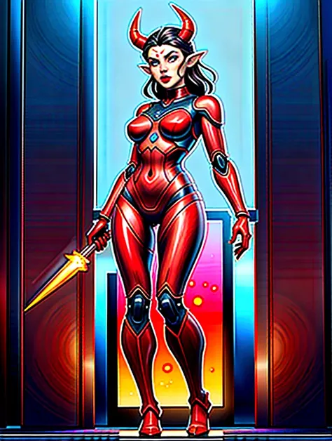 (masterpiece), best quality, expressive eyes, perfect face, female machine, devil, robot, metalic skin, full body, red metalic skin, horns