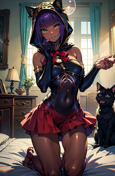 masterpiece, best quality, absurdres, ((1girl)), , menat_holiday,  light smile, dark skin, green eyes, egyptian, bob cut, red dr...