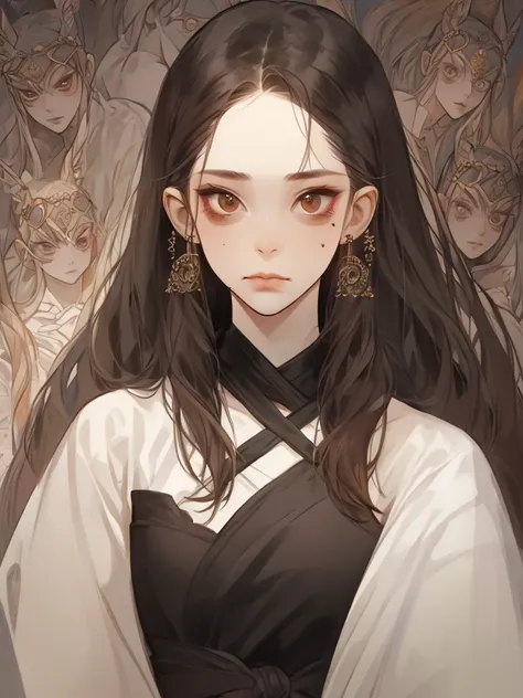 A girl. Women. Brown hair and Hazel eyes, long hair, art Nouveau, punk style, goth, ear piercings, mole under the eye, tanned skin, serene countenance and mystical air.