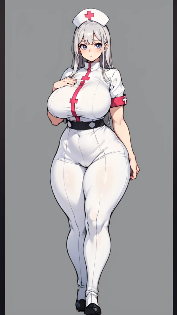 ((blank background)), masterpiece, best quality, silver hair, (big breast:1), ((full body framing)), symmetry, nurse woman, nurse uniform, nurse cap, long pants, ((curvy)), wide hips thick thighs, only white, all white